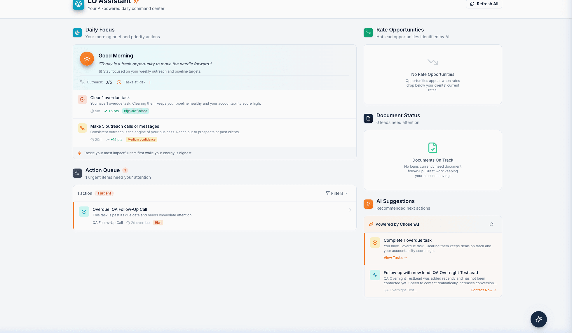ChosenCRM AI Loan Officer Assistant — daily command center