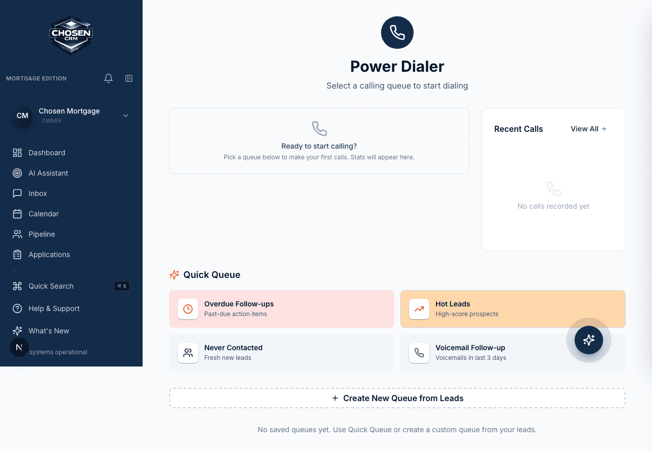 ChosenCRM mortgage dialer workflow