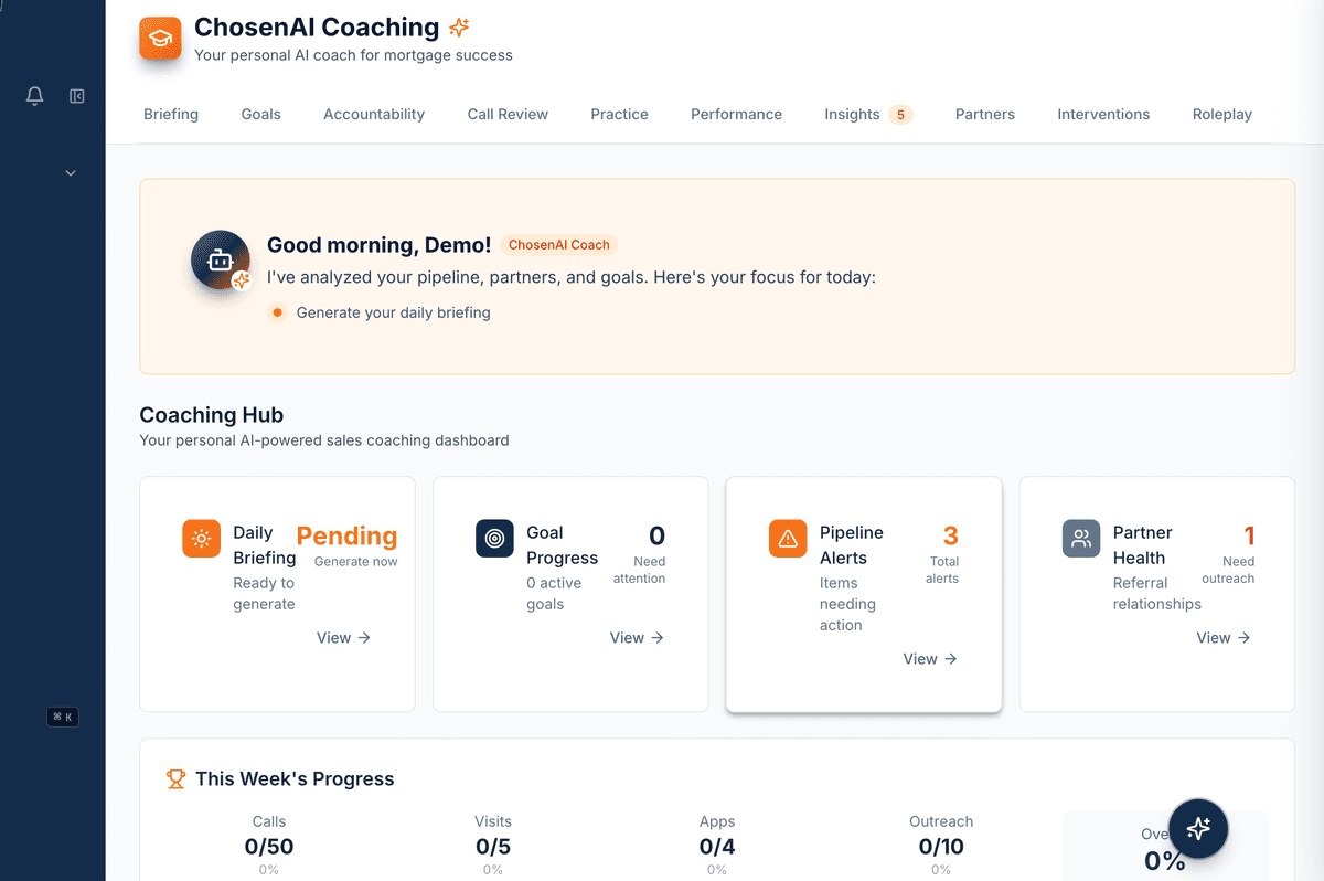 ChosenCRM AI Coaching Hub — personalized goals and accountability for loan officers