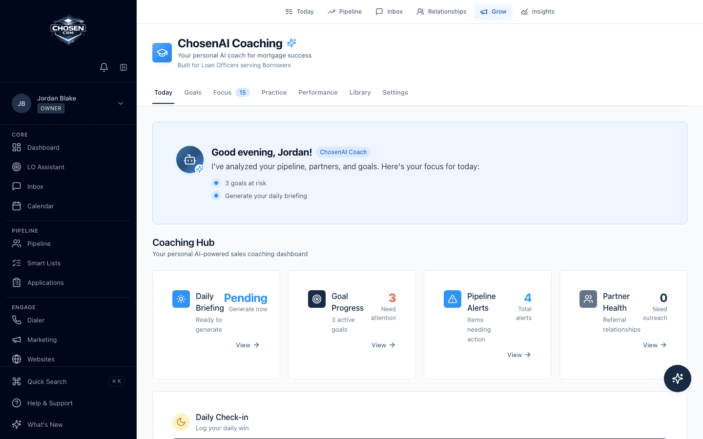ChosenCRM coaching workspace with mortgage goals, pipeline alerts, and performance context.