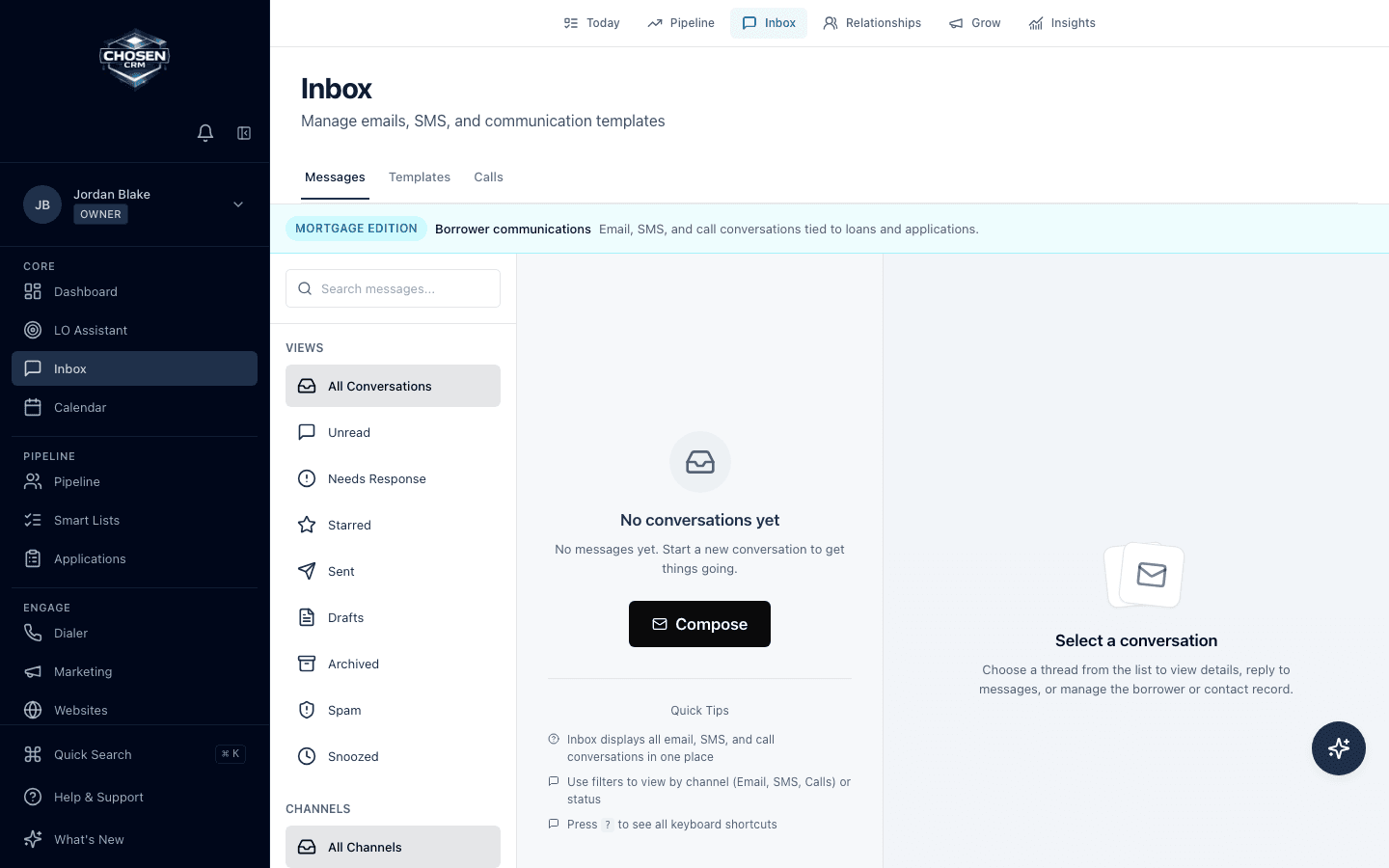 ChosenCRM borrower communication workspace with email, SMS, call channels, response views, and CRM context.