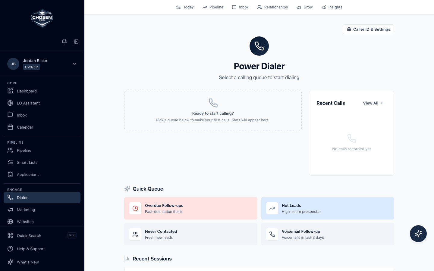 ChosenCRM Power Dialer with overdue follow-up, hot-lead, never-contacted, and voicemail follow-up queues.