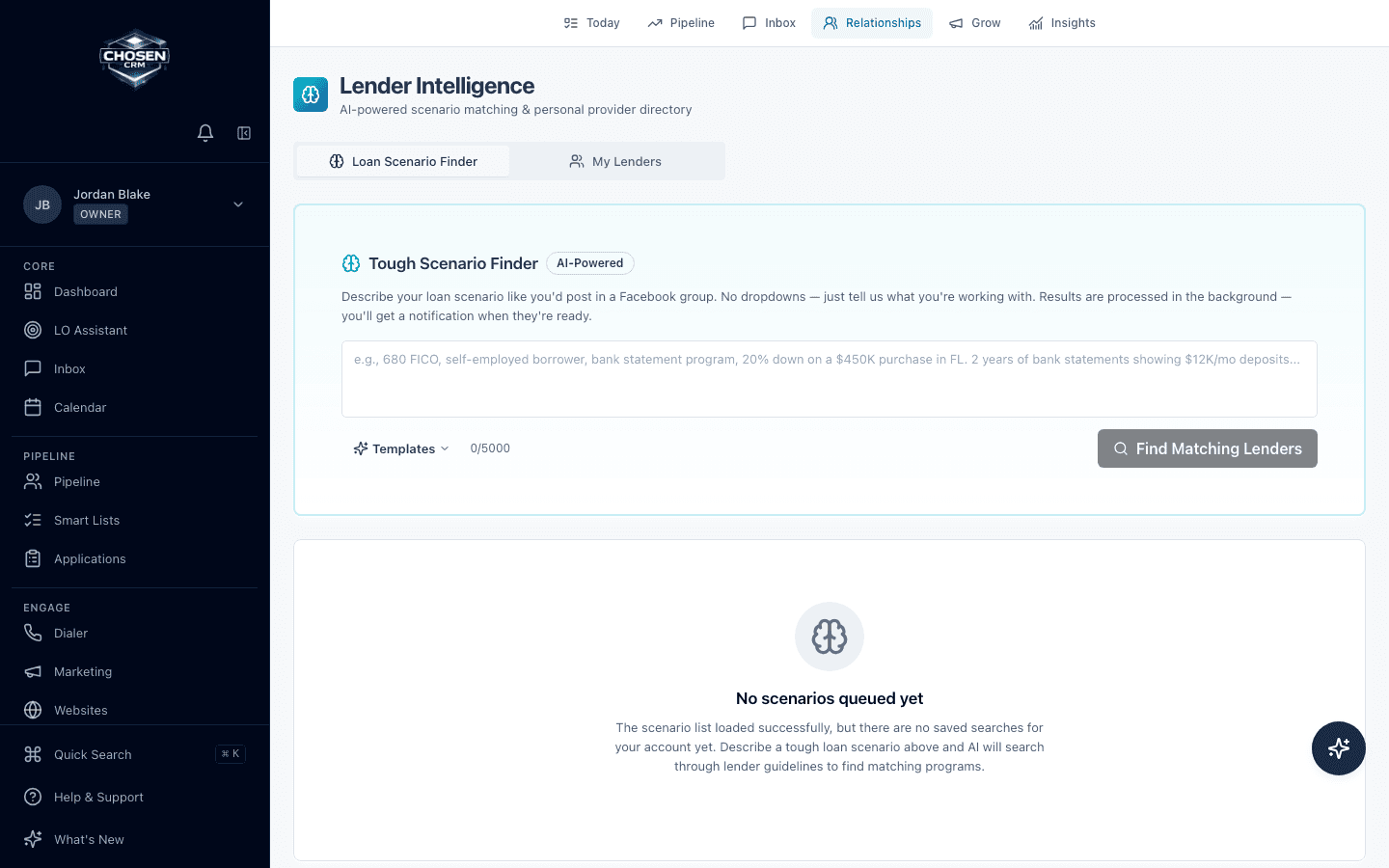 ChosenCRM Lender Intelligence workspace with a plain-language Tough Scenario Finder and lender-match search.